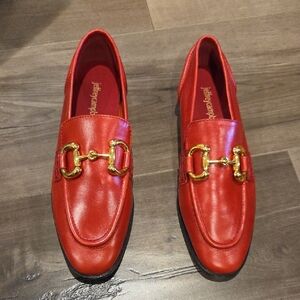 Jeffrey Campbell Red Loafers with Gold Buckles